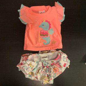 Wetsuit Club® 2-Piece  Rashguard Swimsuit with Seahorse Foil Tee in Orange-3 MO